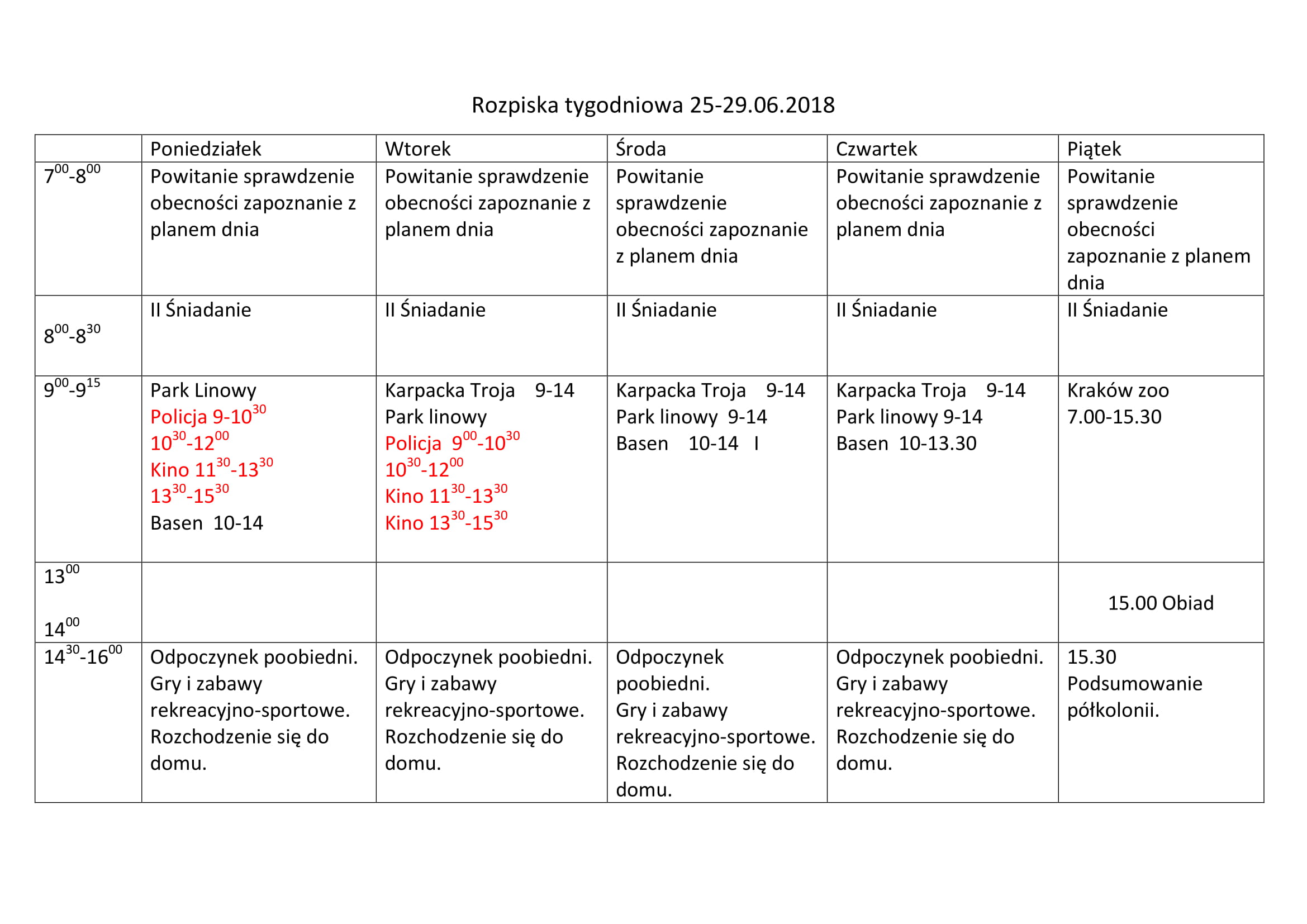 Rozpiska tygodniowa I turnus-1